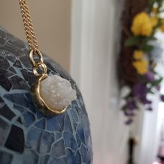 Genuine Druzy Stone Sparkly White Gold Plated Nickel Free Gold Chain 18"/45.7cm In Length - Would Remove Before Swimming/Shower White Spiritual Necklace With Adjustable Chain, Adjustable White Pendant Chain Necklace, White Crystal Necklace With Delicate Chain As Gift, White Crystal Necklace With Delicate Chain For Gifts, White Spiritual Charm Necklace With Round Pendant, Spiritual White Charm Necklace With Round Pendant, White Spiritual Round Pendant Charm Necklace, Necklace White Gold, Necklace White