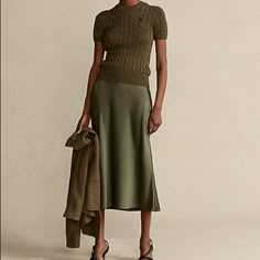 Slim Fit. Intended To Hit At The Mid-Calf. Concealed Elastic Waistband. Pull-On Styling. Mermaid Hem. Unlined. Triacetate, Polyester. Dry Clean. Imported. Model Is 5'10"/178 Cm And Wears A Us Size 2. Green Satin Skirt, Satin Skirt Outfit, Ralph Lauren Skirts, Satin Midi Skirt, Cable Sweater, Skirt Midi, Satin Skirt, Quiet Luxury, Short Sleeved Sweaters