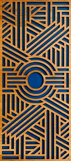 an art deco design made out of wood with blue circles and lines on it's sides