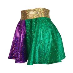 Get ready for Mardi Gras! Gorgeous festival themed high waisted skater skirt in gold, purple, and green shattered glass holographic spandex. This skirt swings and twirls with movement and gleams in the light. Child Sizing (See below for instructions on where measurements should be taken)XXSmall (Size 3/4) Waist 20"-21" / Length 10"XSmall (Size 5/6): Waist 21"-22" / Length 10.5"Small (Size 7/8): Waist 22"-23" / Length 12"Medium (Size 9/10): Waist 23"-24"" / Length 13"Large (Size 11/12): Waist 24" Festival Skirt, Mardi Gras Costumes, Festival Skirts, Mardi Gras Party, Shattered Glass, Purple And Green, Rave Outfits, Festival Outfits, Mardi Gras