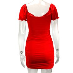 Red Cotton Blend Cut-out Smocked Bodycon Dress Solid Color Ruched Mini Dress With Puff Sleeves, Solid Mini Dress With Ruched Puff Sleeves, Casual Stretch Mini Dress With Ruched Bodice, Trendy Fitted Dress With Smocked Bodice, Red Stretch Ruched Bodycon Dress, Ruched Bodycon Dress With Puff Sleeves, Red Fitted Bodycon Dress With Square Neck, Red Fitted Mini Dress With Ruched Sides, Red Mini Dress With Smocked Bodice For Summer