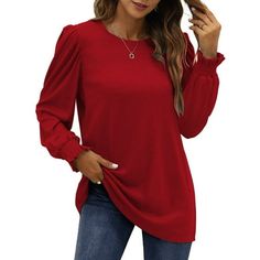 Fantaslook Womens Tunic Tops Crew Neck Long Sleeve Shirts Dressy Blouses This puff sleeve tops for women is a versatile and stylish addition to your wardrobe! Elevate your everyday fashion with womens long sleeve shirts that effortlessly blend comfort and sophistication. The high-quality fabric feels luxuriously soft against your skin, womens tops features crewneck, puff sleeve, pullover, tunic tops, casul style. Dressy blouses for women feature small folds on the shoulders, adding an alluring touch to your upper body. Designed to flatter your figure, the puff sleeves provide a flattering drape, womens tunic tops add a touch of femininity and slimming. Whether you're heading to the office, a casual gathering, or a night out with friends, Womens puff sleeve tops are the perfect go-to choice Casual Non-stretch Blouse With Lantern Sleeves, Casual Puff Sleeve Blouse In Solid Color, Casual Puff Sleeve Solid Color Blouse, Casual Solid Color Blouse With Lantern Sleeves, Casual Solid-color Blouse With Lantern Sleeves, Casual Blouse With Lantern Sleeves, Dressy Blouses For Women, Womens Tunic Tops, Puff Sleeve Tops