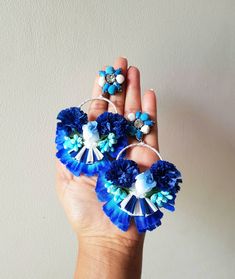 "Boho handmade Statement floral Indigo blue hoop earring. This truly statement and bohemian look oversized earring is handmade using fabric flowers, acrylic, glass beads, cotton, steel, brass, cabochons, raffia,pearl etc. Purely handmade and Handcrafted in India Earrings measure approx. 3\" long and 2.90\" wide. Weigh only 17 gms a pair. Carnation jewellery only sells purely handmade products from India, there may be a slight imperfection due to the nature of work but we try our best to make the Carnation Jewelry, Oversized Hoop Earrings, Wedding Hoop, Flowers Acrylic, Oversized Earrings, Statement Hoop Earrings, Boho Handmade, Floral Hoops, Earrings Blue