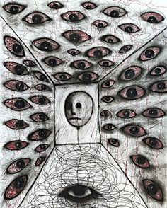 an artistic drawing with many different eyes and lines on the bottom half of the image