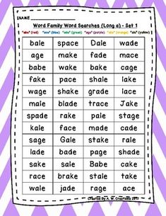 word family worksheet with words in the middle and lowercase letters on purple and white chevron background