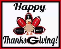 a happy thanksgiving sign with a turkey and footballs in the background that says, happy thanks giving