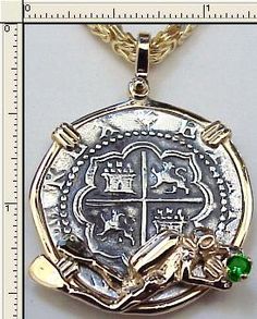 #5-1563  Replica Four Reale Pendant  Key West Scuba Diver  3mm Synthetic Emerald  14K Solid Gold Bezel  Atocha Silver Coin    $575.00      Chain Not Included Stone Accessories, Gold Money, Amber Beads