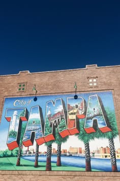 a large mural on the side of a building that says, city of tampa with palm trees