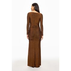 Brown (56% Nylon, 39% Metallic, 5% Spandex). Gowns. Cowl Neck. Long Sleeve. Back zipper closure. Shoulder to hemline length: 58". Made in the USA of imported fabric. Fitted Floor-length Elastane Dress, Stretch Lined Maxi Dress For Night Out, Fitted Lined Maxi Dress For Night Out, Fitted Long Sleeve Gown For Fall, Fitted Long Sleeve Ruched Evening Dress, Stretch Lined Maxi Dress For Party, Formal Stretch Maxi Length Bodycon Dress, Fall Evening Dress With Fitted Bodice, Fitted Lined Maxi Dress