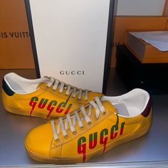 Men’s Gucci (Size 9 Gucci Size) Never Worn Gucci Casual Calf Leather Sneakers, Casual Gucci Calf Leather Sneakers, Gucci Leather Custom Sneakers With Logo Print, Gucci Custom Leather Sneakers With Logo Print, Gucci Leather Sneakers With Logo Print, Gucci Custom Casual Sneakers With Logo Print, Gucci Casual Custom Sneakers With Logo Print, Gucci Yellow Sneakers For Streetwear, Casual Gucci Custom Sneakers With Logo Print