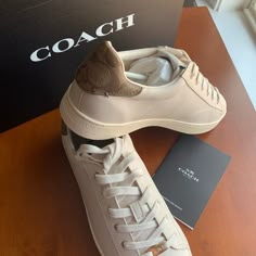 Brand New With Tag And Box Neutral Color Sneakers Women, Coach Shoes Outfit, Tenis Coach, Monogram Shoes, Nude Sneakers, Coach Outfits, Black And White Sandals, Coach Loafers, Pretty Sneakers