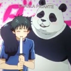 a person holding a knife in front of a panda bear with its head on his shoulder