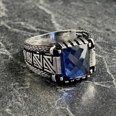 Silver Rectangular Sapphire Ring Gift, Luxury Blue Men's Ring Collectible, Luxury Blue Men's Collectible Ring, Luxury Blue Crystal Ring In Sterling Silver, Luxury Sterling Silver Sapphire Ring For Men, Blue Sapphire Stone, Chemical Substances, Blue Stone Ring, Nike Wallpaper