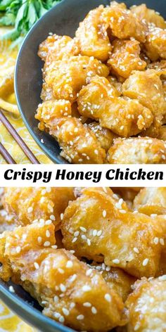 two pictures of crispy honey chicken in a bowl