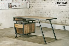 an office desk made out of wood and metal, with a wooden drawer underneath it