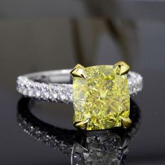 3.40 Ct. Canary Fancy Light Yellow Cushion Cut 3 Row Pave Diamond Ring VS1 Clarity GIA Certified Yellow Diamond Accents Ring With Round Cut, Yellow Diamond Accents Round Cut Rings, Yellow Diamond Ring With Center Stone, Yellow Cushion Cut Diamond Ring With Center Stone, Yellow Diamond Ring With Cushion Cut, Yellow Diamond Ring Round Cut, Radiant Cut Yellow Jewelry For Wedding, Yellow Radiant Cut Jewelry For Wedding, Fine Jewelry Yellow Diamond Cut Ring