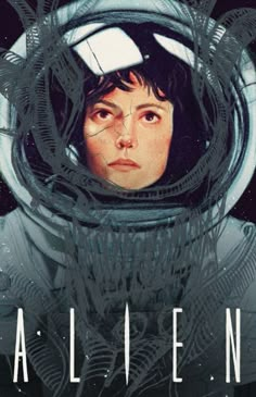 the poster for alien is shown in front of an astronaut's face