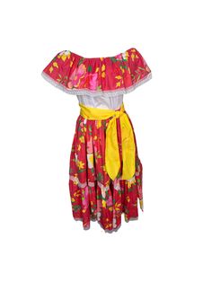 a woman's red and yellow dress with flowers on the bottom, off shoulder