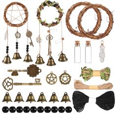 PRICES MAY VARY. Complete DIY Kit: you will get 2 natural wreaths, 6 bells, 2 rolls of twines, 1 roll of leave twine, 2 pentagrams, 2 mini bottles, 2 metal keys, 1 white crystal and 10 pcs black beads, you can create 2 sets of witchcraft decor Size Information: the natural wreath is about 10 cm/ 3.9 inches in diameter, the bell is about 3.8 cm/ 1.5 inches, the twine is about 1000 cm/ 32.8 ft and the leave twine is about 300 cm/ 9.84 ft long, suitable to make a witch decor Nice Decorative Effect: Witch Bells Diy, Witches Diy Decoration, Witchcraft Diy, Witch Bells, Witchcraft Decor, Hanging Witch, Pagan Crafts, Doorknob Hangers, Diy Boho Decor