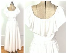 DETAILS. ethereal | ruffle | flowy darling 1970's dress. vintage white dress. ruffle neckline. fully lined. back zip. full skirt. super soft and lightweight!  great vintage condition. this dress is from my private collection. MEASUREMENTS. BUST: 36-39" WAIST: 28-30" HIPS: free LENGTH: 45" FABRIC: cotton blend LABEL: Lanz Originals https://www.etsy.com/shop/EvesAppleVintage << you can find most of my private collection -- sourced throughout the world -- here soon. call it a comeback! since closin White Dress Ruffle, Dress Ethereal, Lace Ruffle Dress, Boho Sundress, Off The Shoulder Maxi Dress, Maxi Dress Vintage, White Vintage Dress, 1970s Dresses, Vintage Maxi Dress