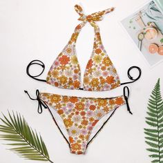 Halter Bikini Set, Two Piece bikini set, Orange Bikini, 70s style, 70s inspired swimsuit, 70s inspired bikini, Women's bikini, Floral Bikini A cute 70s inspired bikini with cute orange and pink floral pattern print. Gorgeous halter top with ties. Matching bikini bottom. A great retro 70s hippie style find. I hope you enjoy this design I created. 70s Mode, Orange Style, 70s Hippie, Modern Boutique, Pink Floral Pattern, Floral Prints Pattern, 70s Style, 70s Inspired, Retro 70s