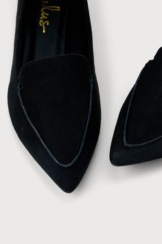 Add sophisticated flair to every ensemble with the Lulus Emmy Black Suede Pointed Loafers! These chic faux suede flats have a pointed toe upper, and a low-cut, notched collar. Pull tab at heel. 0. 25" rubber heel. Cushioned insole. Nonskid rubber sole. All Man Made Materials. Imported. Lulus | Emmy Black Suede Pointed Loafers | Size 10. Chic Suede Pointed Toe Flats, Chic Suede Slip-on Pointed Toe Flats, Chic Fall Workwear Flats, Chic Suede Almond Toe Flats, Fall Workwear Pointed Toe Suede Flats, Chic Suede Pointed Toe Flats For Work, Fall Suede Flats For Workwear, Elegant Pointed Toe Flats For Work, Trendy Low Heel Pointed Toe Flats For Work