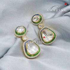 Silver Moissanite Single Polki Earrings, Moissanite Green Enamel Kundan Earring, Indian Wedding Jewellery, Silver Moissanite Polki Earring, Statement Single Polki Earring Material: Silver Gemstone: Moissanite Polki, Swarovski Stones, Green Enamel Stone colour:  Uncut Polki Primary colour: Gold Size-Length: 60mm  Width: 30mm Closure: Screw back  Silver Intricate, hand-crafted, Pure Silver Polki Earrings, studded with high-quality Moissanite with Red Enamel Polki Earring come with screw back and c Formal Multi-stone Diamond Earrings, Luxury Green Diamond Earrings For Wedding, Luxury Multi-stone Earrings For Wedding, Exquisite Green Diamond Earrings For Wedding, Luxury Multi-stone Wedding Earrings, Exquisite Green Diamond Wedding Earrings, White Hand Set Teardrop Diamond Earrings, Formal Multi-stone Cubic Zirconia Earrings, White Teardrop Hand Set Diamond Earrings