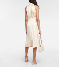 Belted Silk Midi Dress in Beige - Burberry | Mytheresa Satin Belted Midi Dress For Party, Party Satin Midi Dress With Belt, Elegant Satin Midi Dress For Daywear, Feminine Formal Viscose Midi Dress, Formal Feminine Midi Dress In Viscose, Formal Feminine Viscose Midi Dress, Beige Midi Dress For Evening, Luxury Satin Dresses For Spring, Satin Silk Midi Dress For Daywear