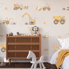 a child's bedroom with construction wall decals