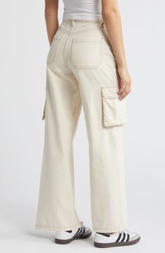 Contrast stitching adds to the vintage vibe of these high-rise, full-length wide-leg pants equipped with trend-right cargo pockets. 31 1/2" inseam, 24" leg opening; 12" front rise; 14" back rise (size 29) Zip fly with button closure Five-pocket style; cargo bellows pockets 100% cotton Machine wash, tumble dry Imported Wide Leg Cotton Cargo Jeans, Spring Utility Cargo Pants Full Length, Spring Parachute Pants With Patch Pockets, High Waist Wide Leg Cotton Pants With Multiple Pockets, High Waist Cotton Wide Leg Pants With Multiple Pockets, Spring Full-length Cargo Jeans With Multiple Pockets, Spring Full-length Cargo Jeans With Side Pockets, Spring Cargo Jeans With Multiple Pockets, Spring Cargo Jeans With Side Pockets