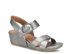 Eurosoft Rowe Sandal Spring Silver Ankle Strap Wedge Sandals, Silver Ankle Strap Wedge Sandals For Spring, Silver Wedge Sandals With Heel Strap For Spring, Summer Crossover Sandals With Heel Loop, Spring Crossover Wedge Sandals, Casual Silver Wedge Sandals For Summer, Casual Silver Ankle Strap Sandals, Casual Silver Wedge Sandals With Round Toe, Silver Casual Wedge Sandals With Round Toe