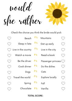 Bridal shower game Bridal Games Activities, Bridal Shower Games Free Printables, Bridal Shower Games Funny, Shower Activities, Would She Rather, Minute To Win It, Bridal Shower Game