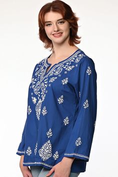 Our Saheli Embroidered Tunic is hand embroidered by women artisans in Uttar Pradesh, India. The embroidery motifs are first block-printed onto the garment and then the women do the embroidery in their homes, which allows them to do the work on their own schedule between other household work. Our soft embroidered cotton tunic tops feature fine embroidery on the front and back and are designed for a comfortable, elegant fit. Available in two sizes, S/M and L/XL. Fine Embroidery, Cotton Tunic Tops, Cotton Tunic, Do The Work, Embroidery Motifs, Embroidered Tunic, Uttar Pradesh, Women Artisans, Womens Tunics