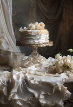 there is a wedding cake on the table with white flowers and a silver cup next to it