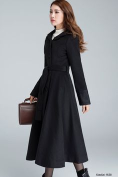 womens black long wool trench coat for winter with hood 1638# – XiaoLizi Coat For Winter, Winter Coats For Women, Winter Coat Women, Black Overcoat, Hooded Wool Coat, Plain Maxi Dress, Princess Coat, Hooded Trench Coat, Wool Winter Coat