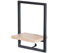 a wooden shelf with black metal brackets on it