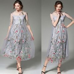 Floral Embroidered Mesh See Through A-line Midi Dress | Uniqistic.com Suit Dress Women, Sheer Embroidered Dress, Vintage Long Dress, Neck Embroidery, Nature Dress, Woman Clothes, Goddess Dress, Grey Maxi Dress, Elegant Dresses For Women