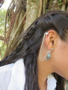 "Silver Ear Cuff Earring, Turquoise Bohemian Cuff Earring, Ear Cuffs, Ethnic Boho Ear Cuff Earring, Stud Ear Cuff Earring, Bohemian Jewelry. ❤ BUY ANY 2 ITEMS ANS GET 15% OFF!! (USE COUPON CODE '15OFF') ❤ ❤ BUY ANY 4 ITEMS ANS GET 20% OFF!! (USE COUPON CODE '20OFF') ❤ ❤ BUY ANY 6 ITEMS AND GET 25% OFF!! ((USE COUPON CODE '25OFF') ❤ THIS LISTING IS FOR ONE EAR CUFF! Complete any outfit with this gorgeous fashionable and trendy silver ear cuff made with natural turquoise gemstone, chains and charm Adjustable Single Wrap Bohemian Earrings, Bohemian Adjustable Single Wrap Earring, Bohemian Adjustable Single Ear Cuff, Adjustable Bohemian Single Wrap Earring, Adjustable Bohemian Single Ear Cuff, Adjustable Single Bohemian Wrap Earring, Bohemian Ear Cuff For Pierced Ears For Festivals, Bohemian Ear Cuff For Pierced Ears, Silver Bohemian Ear Cuff As Gift