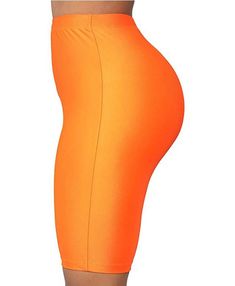 Orange High Waist Active Gym Workout Yoga Short Leggings Orange Swim Bottoms With Built-in Shorts, High Waist Summer Leggings, Orange Workout Bottoms With Built-in Shorts, Casual High-stretch Swim Bottoms, Workout Bottoms With Built-in Shorts In Orange, Solid Color Knee-length Sports Shorts, Solid Knee-length Sports Shorts, Summer Sports Short Pants, High Waist Stretch Biker Shorts For Swimming