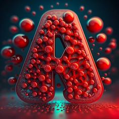 the letter a is made up of red balls and bubbles on a black background with blue light