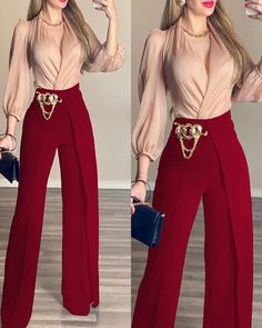 red Spring Women, Style Mistakes, Black Bottoms, Embellished Dress, Work Attire, Work Pants, V Neck Tops, Dress Accessories, Classy Outfits