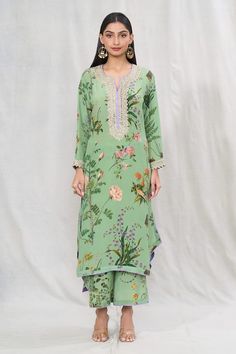 Light green straight kurta with multi colored floral blossom prints. Comes with coordinating pant. - Aza Fashions Anushree Reddy, Blossom Print, Dupion Silk, Straight Kurta, Kurta With Pants, Lace Hem, Pants Pattern, Pant Set, Set For Women