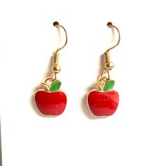 Pretty Little Red Apple Earrings Enameled On Golden Background. Perfect Small Gift For Your Favorite Teacher. Cute Red Enamel Earrings, Trendy Red Enamel Earrings, Red Enamel Trendy Earrings, Apple Jewelry, Disney Challenge, Future Bedroom, Apple Jack, Apple Earrings, Golden Background