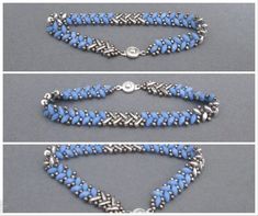 three different types of beaded bracelets, one with blue beads and the other with silver