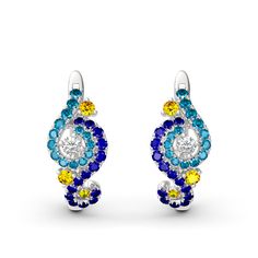 In a stunning display of style and craftsmanship, these earrings are brought to you. A combination of light blue, midnight blue, yellow gold and white stones, the earrings are a premium miniature version of Van Gogh's timeless Starry Night painting. This piece of work reminds us to trust our dreams and not believe the critics of the world. "There is always hope, even in the darkest of times." So trust your dream and let this alluring jewelry make a statement.Carat Weight: 2.584 ctStone Size: 2.5 Blue Diamond Earrings With Sparkling Stones, Blue Diamond Drop Earrings, Blue Diamond Drop Earrings With Accents, Blue Drop Earrings With Diamond Accents, Blue Diamond Accented Drop Earrings, Blue Diamond Drop Earrings For Anniversary, Blue Luxury Earrings With Gemstone Accents, Diamond Blue Earrings For Anniversary, Blue Diamond Hoop Earrings Fine Jewelry