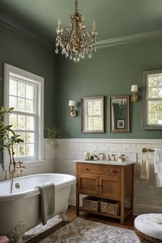 a bath room with a tub a sink and a chandelier above the toilet