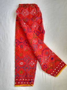 Phulkari Chanderi Silk Pantsethnic Pants/handmade Embroidery - Etsy South Africa Red Embroidered Cotton Churidar, Festive Cotton Embroidered Fabric With Dupatta, Festive Cotton Straight Kurta Bottoms, Cotton Straight Kurta Bottoms For Festive Season, Traditional Cotton Pants For Festive Occasions, Navratri Festive Embroidered Mulmul Fabric, Cotton Pants For Festive Occasion And Eid, Festive Traditional Harem Pants, Festive Cotton Pants For Eid