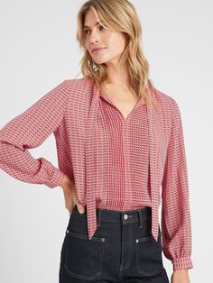 Pleated Bow-Neck Blouse | Banana Republic Factory Workwear V-neck Blouse With Tie Sleeves, Fall Tie Neck Blouse With Tie Sleeves, Chic Blouse With Cuffed Sleeves And Collared Neckline, Fall Blouse With Blouson Sleeves And Split Neck, Workwear Blouse With Tie Sleeves And Tie Neck, Fall Office Wear Blouse With Tie Neck, Workwear Tops With Blouson Sleeves And Tie Neck, Chic Split Neck Blouse For Workwear, Tie Neck Top With Blouson Sleeves