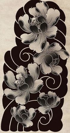 a drawing of flowers on a black and white background