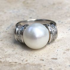 Estate 18KT White Gold Freshwater Pearl + Diamond Ring Size 6.75, Estate 18KT White Gold Freshwater Pearl + Diamond Ring Size 6.75 - Legacy Saint Jewelry Big Pearl Ring, Pearl Diamond Ring, Saint Jewelry, Pearl And Diamond Ring, Big Pearl, Gold Band Ring, White Freshwater Pearl, White Gold Band, Pearl Diamond